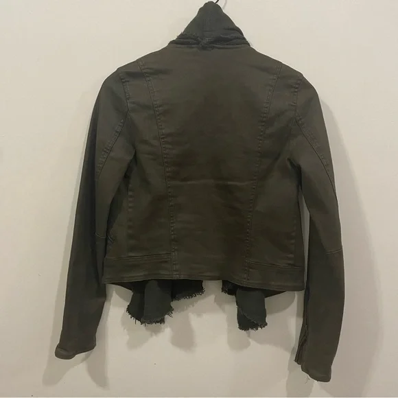 Free People Olive Green Drape Knit Coated Denim Moto Boho Fall Jacket Size 2 - Picture 4 of 9